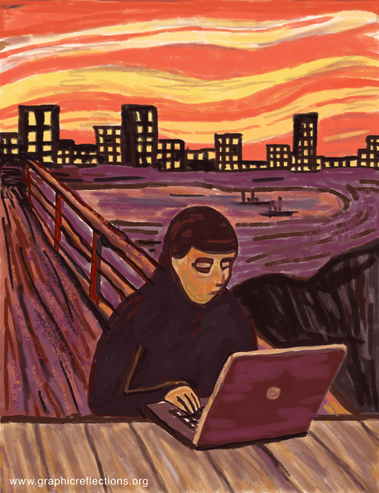 Grim faced man working on a computer away from the city, with heavy textures in the sky, lake and the bridge behind him