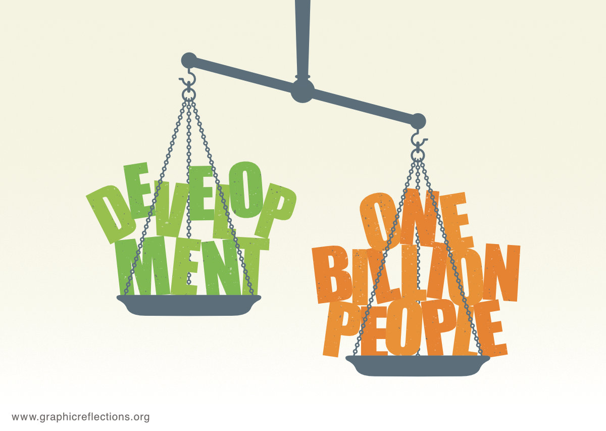 A beam balance with the words ‘Development’ stacked on one side and 'One Billion People' stacked on the other, lower side