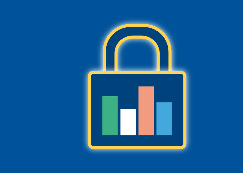 A glowing padlock over a dark blue background, containing bar graphs