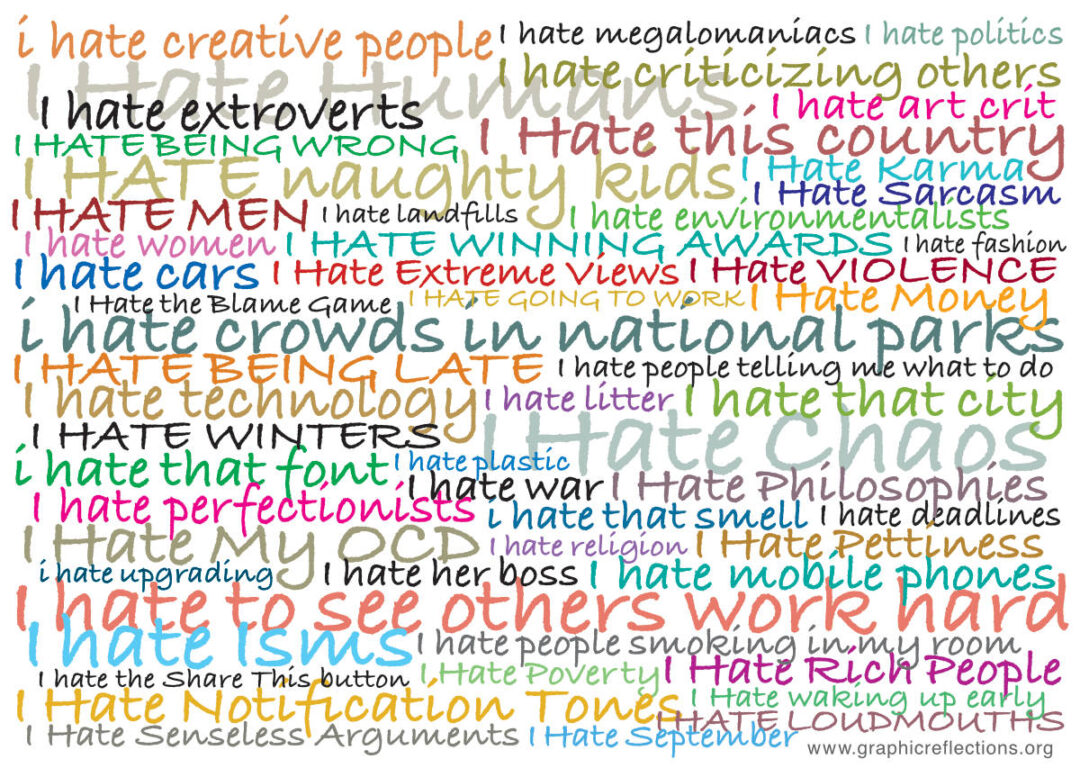 A colourful collection of sentences, about what all people said they hate, in handwriting font
