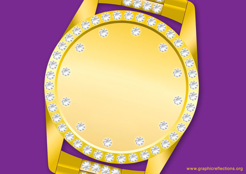 Closeup of the needle-less dial of a gold wristwatch studded with many small diamonds around the rim