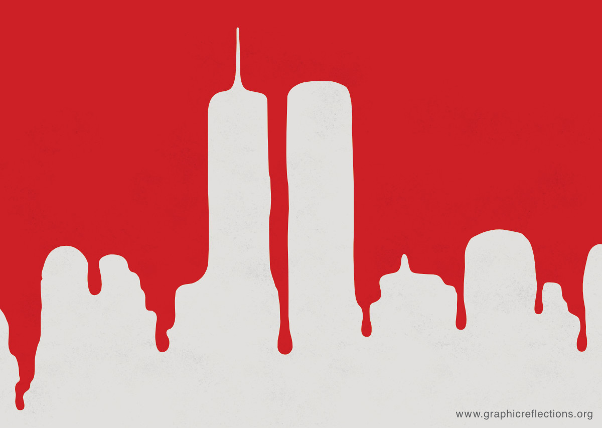 Deep red colour spilling from the top and forming a soft shape of the Manhattan skyline in the negative space below