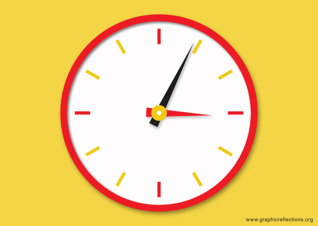 Colourful illustration of a wall clock wherein the needles slow down and speed up in a loop